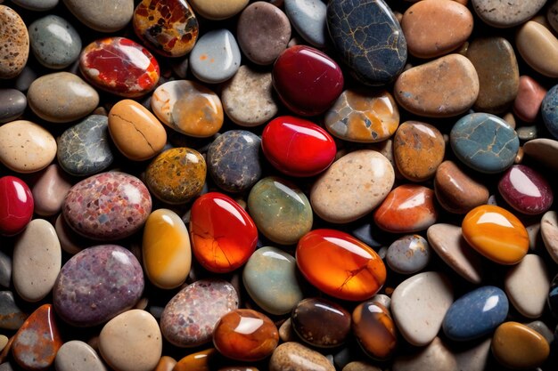 Abstract wallpaper texture of colorful polished pebbles stones background top view