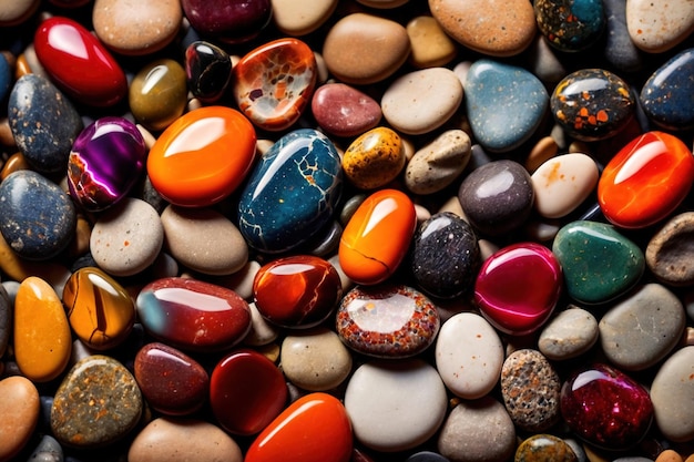 Abstract wallpaper texture of colorful polished pebbles stones background top view