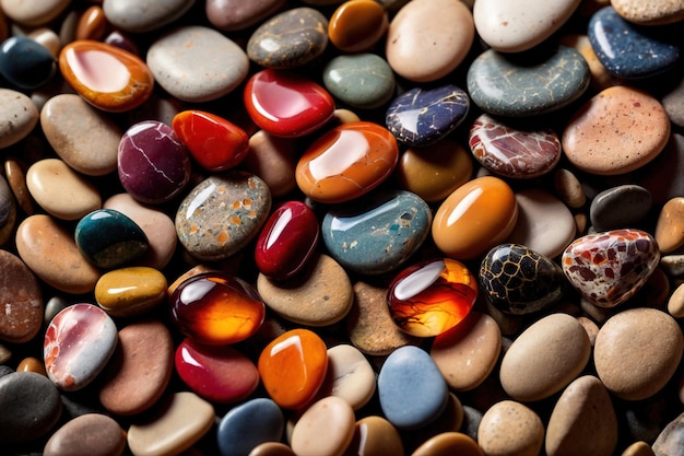 Abstract wallpaper texture of colorful polished pebbles stones background top view