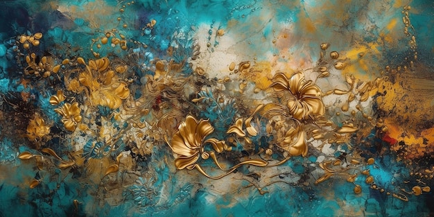 Abstract wallpaper texture oilpaint floral blue and golden colors ai generated