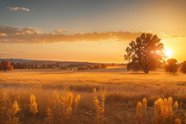 Abstract warm landscape of dry wildflower and grass meadow on warm golden hour sunset or sunrise time