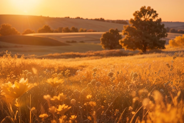 Abstract warm landscape of dry wildflower and grass meadow on warm golden hour sunset or sunrise time