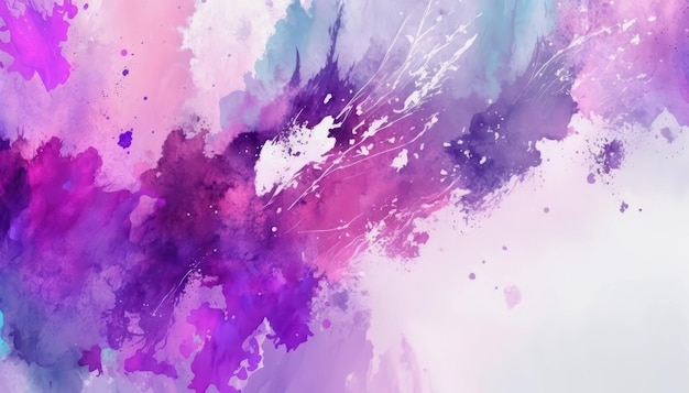 Abstract watercolor background. Violet and white paint splatters. Purple white watercolor wallpaper.