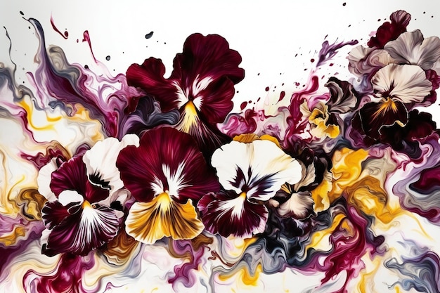 Abstract watercolor background with pansy flowers on white background