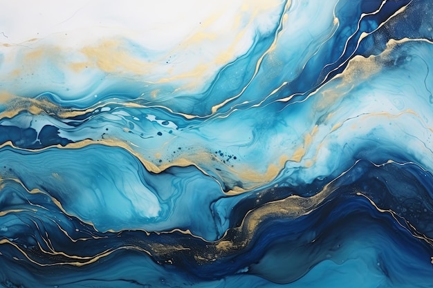 Abstract watercolor blue marble alcohol ink texture and luxury realistic gold glitter acrylic background