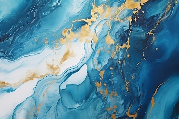 Abstract watercolor blue marble alcohol ink texture and luxury realistic gold glitter acrylic background