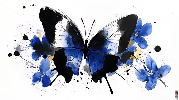 Abstract Watercolor Butterfly with Blue Flowers