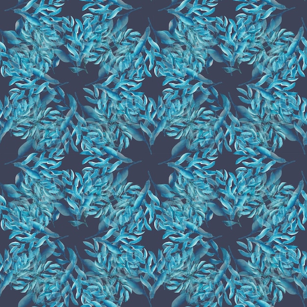 Abstract watercolor illustration blue leaves seamless pattern on blue background