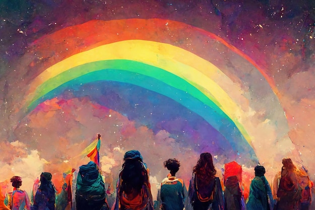 Abstract watercolor illustration of people with rainbow lgbt pride parade concept