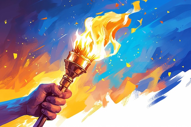 Abstract watercolor illustration with human hand holding torch with flame on white background