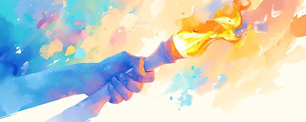 Abstract watercolor illustration with human hand holding torch with flame on white background