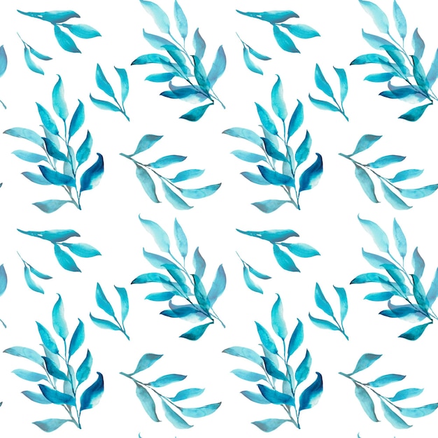 Abstract watercolor leaves in blue colors Pattern