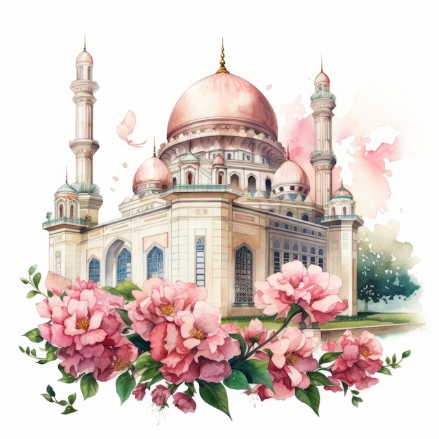 Abstract watercolor mosque with vibrant colors and watercolor mosque looking with floral and rose