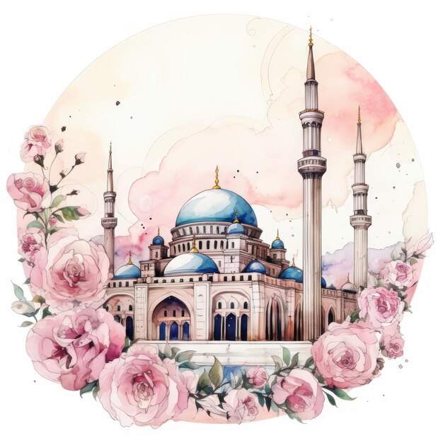 Abstract watercolor mosque with vibrant colors and watercolor mosque looking with floral and rose