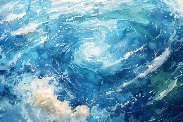 Photo abstract watercolor ocean vortex swirling blues waves and splashing textures in a dynamic sea scene