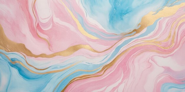 Abstract watercolor paint background illustration Soft pastel pink blue colour and golden lines with liquid fluid marbled paper texture banner texture