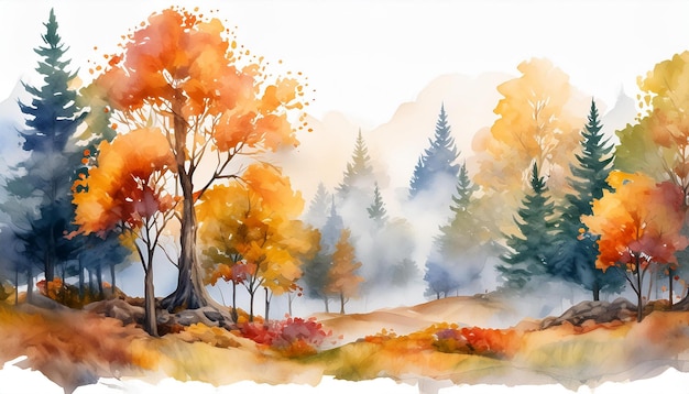 Abstract watercolor painting of autumn morning mist trees and fog on white background Hand drawn