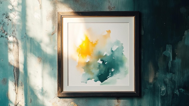 Photo abstract watercolor painting in black frame on blue wall