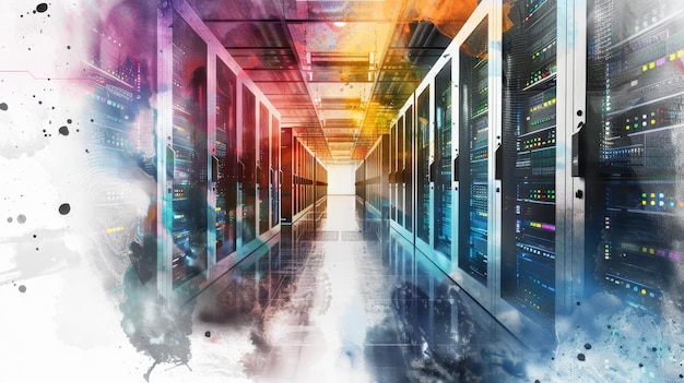 Photo abstract watercolor painting depicting a data center with servers symbolizing digital infrastr