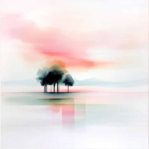 An abstract watercolor painting featuring a tranquil landscape with a pink sky silhouetted trees