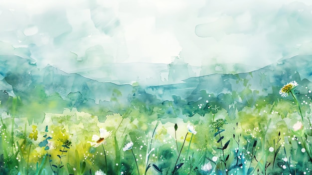 Photo abstract watercolor painting of a field of flowers and a mountain range in the background