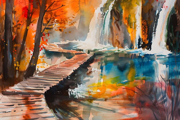 Photo abstract watercolor painting of a forest waterfall