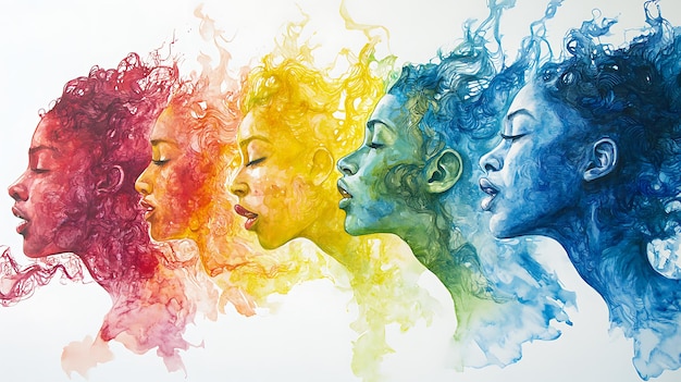 Abstract Watercolor Painting of Four Womens Faces with Rainbow Colors