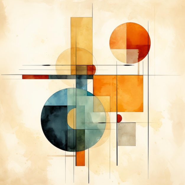 Abstract Watercolor Painting Of Geometric Shapes In Midcentury Style