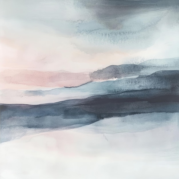 Photo abstract watercolor painting of a misty landscape with soft blue and pink hues