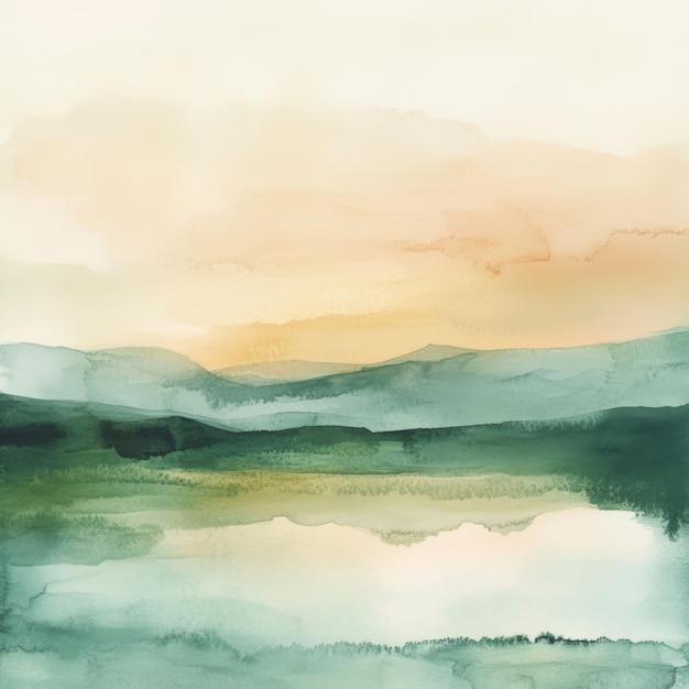 Photo abstract watercolor painting of a mountain landscape with a soft sunset sky in shades of green yellow and orange