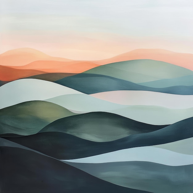 Photo abstract watercolor painting of a mountain range with layers of blue green and orange hues