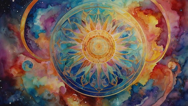 Photo abstract watercolor painting of a sun with planets and stars