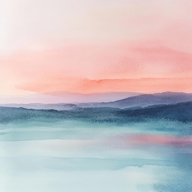 Photo abstract watercolor painting of a sunset over a mountain range with a lake in the foreground