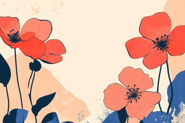 Abstract Watercolor Painting of Three Red Flowers with Blue and Beige Background