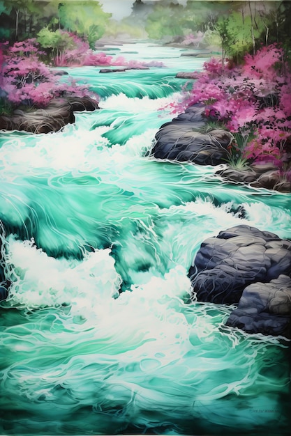 Abstract watercolor painting of waterfall and river Digital art painting