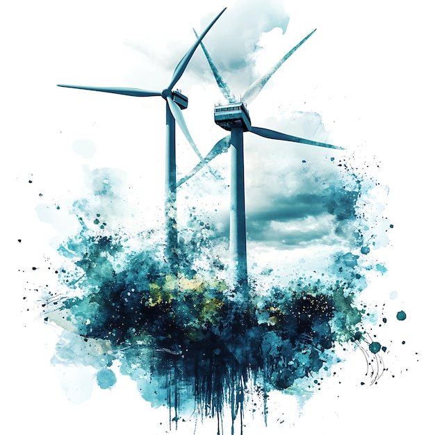 Abstract Watercolor Painting of Wind Turbines