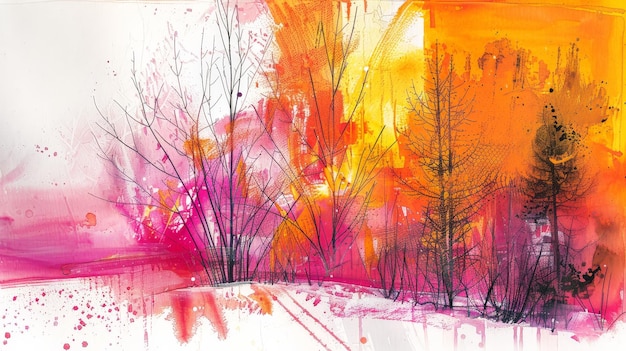 Abstract Watercolor Painting of Winter Trees