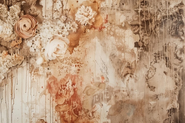 Photo an abstract watercolor painting with earthy brown and tan tones white flowers and drip patterns earthy tones of brown and tan melding together in a harmonious blend with touches of cream and coral