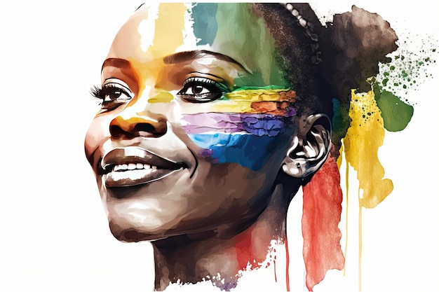 Abstract watercolor portrait of joyful African lesbian with rainbow flag rendered in a minimalistic style Generative AI