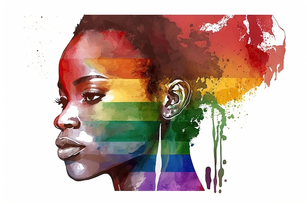 Abstract watercolor portrait of joyful African lesbian with rainbow flag rendered in a minimalistic style Generative AI