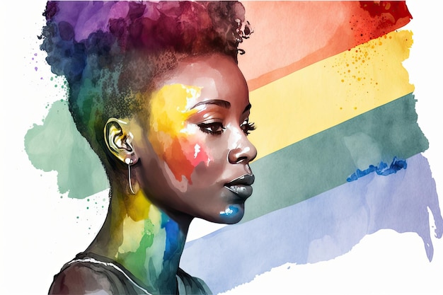 Abstract watercolor portrait of joyful African lesbian with rainbow flag rendered in a minimalistic style Generative AI