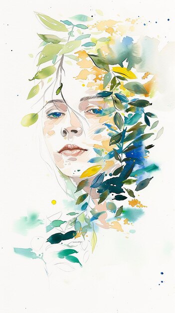 Abstract watercolor portrait of woman with leaves