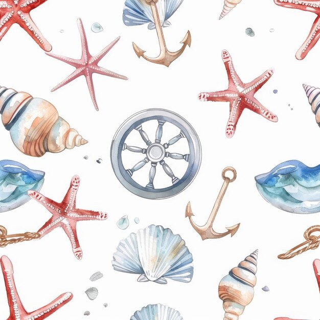 Photo an abstract watercolor seamless pattern with nautical elements stars and seashells for use in children39s prints and textures