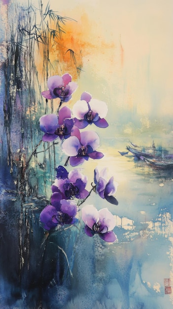 Photo abstract watercolors purple and white orchids in ponds bamboo boats golden hour ultra hd ar 916 v 61 job id e4887501399b4d75afb6263ddfee791f