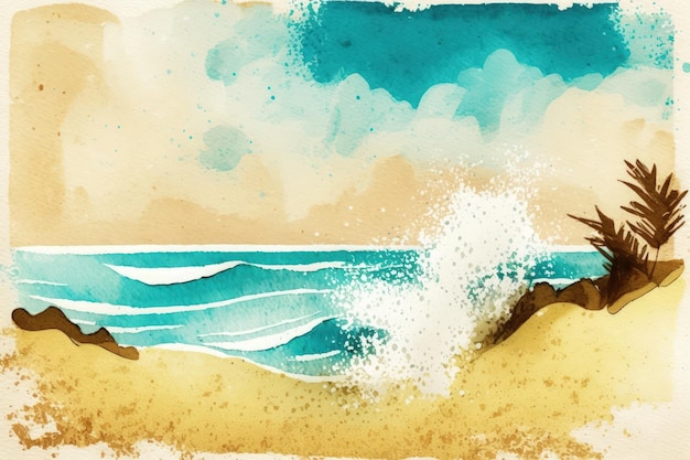 Abstract watercolour painting of a sandy beach and the sea on a background of texture paper