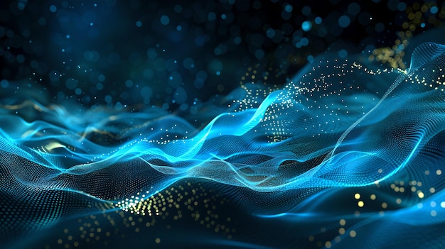 Abstract Wave of Blue Lights With Sparkling Particles Technological Background Digital Artwork AI