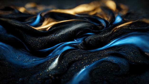 Abstract wavy blue wallpaper with curvy golden shiny details