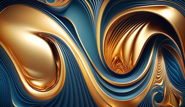 Abstract wavy blue wallpaper with golden lines generative ai