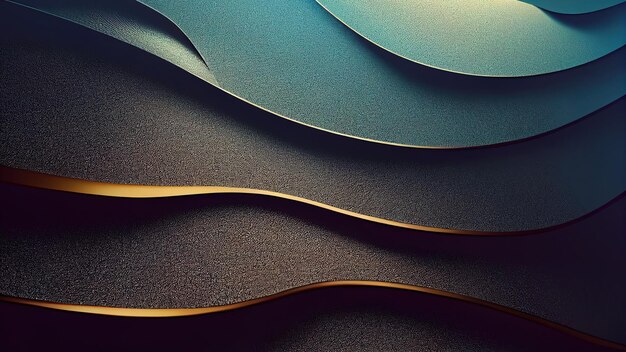 Abstract wavy blue wallpaper with golden lines Waves background with curvy details