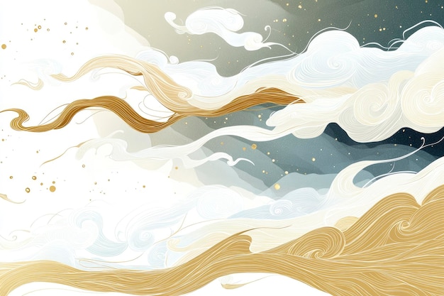 Abstract Whimsical Cloud Swirls with Gold and Blue Hues